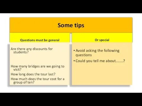 Some tips Questions must be general Are there any discounts