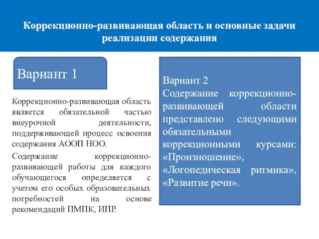 Коррекционно-развивающая область и основные задачи реализации содержания Коррекционно-развивающая область является