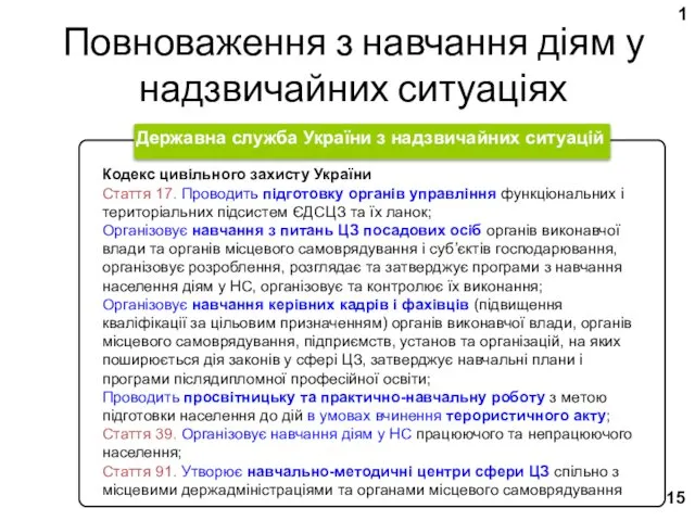 Повноваження з навчання діям у надзвичайних ситуаціях Державна служба України
