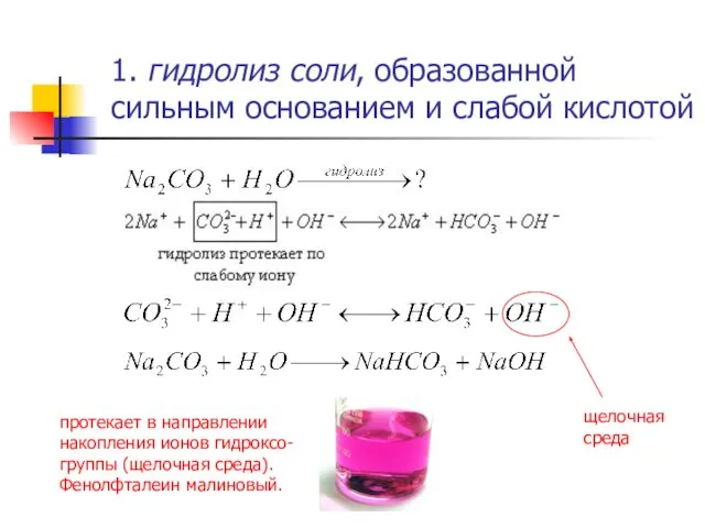 1. гидролиз соли, образованной сильным основанием и слабой кислотой щелочная среда протекает в