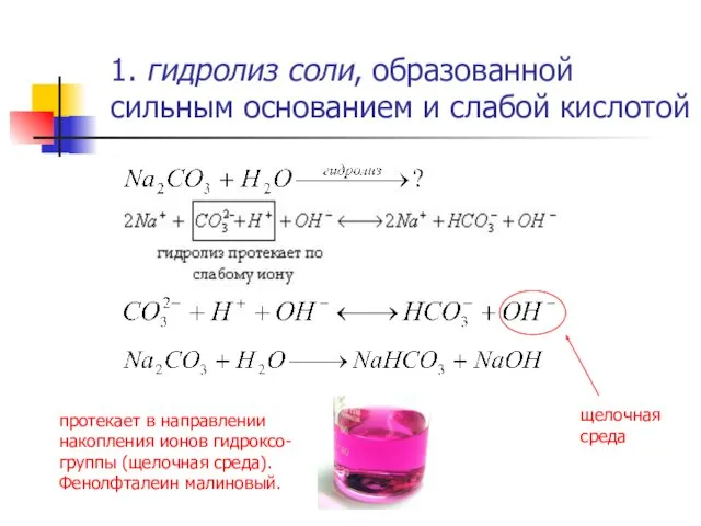 1. гидролиз соли, образованной сильным основанием и слабой кислотой щелочная