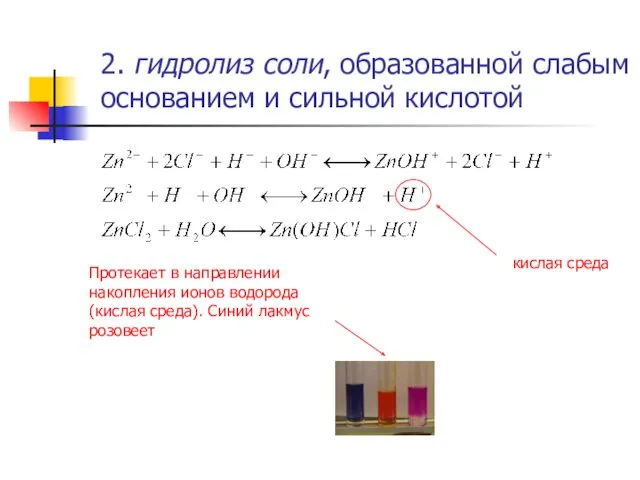 2. гидролиз соли, образованной слабым основанием и сильной кислотой кислая