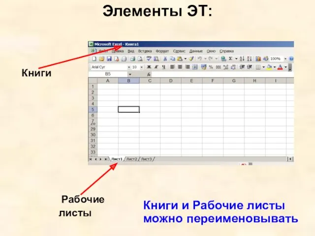 Элементы ЭТ: Рабочие листы Книги Книги и Рабочие листы можно переименовывать
