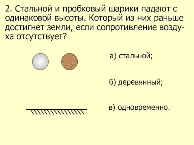 2. Стальной и пробковый шарики падают с одинаковой высоты. Который