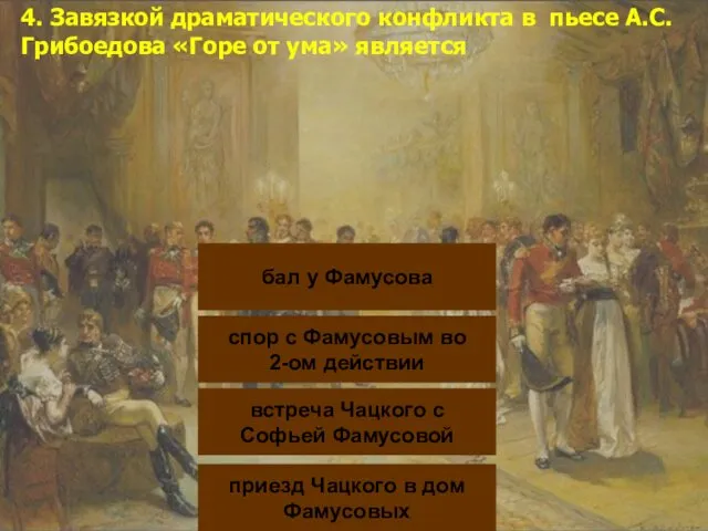 4. Завязкой драматического конфликта в пьесе А.С. Грибоедова «Горе от ума» является 4.