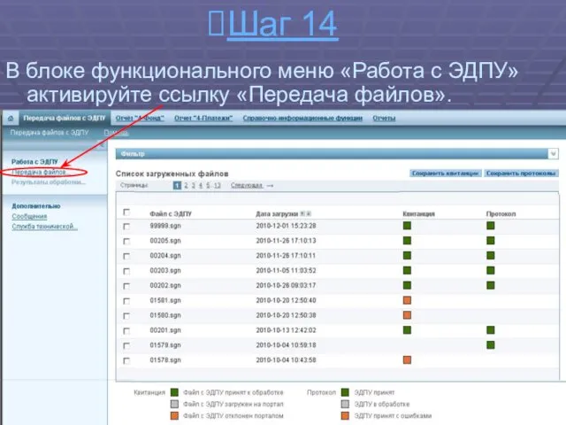 Шаг 14 В блоке функционального меню «Работа с ЭДПУ» активируйте ссылку «Передача файлов».