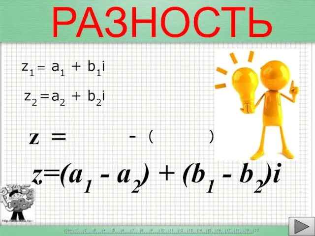 РАЗНОСТЬ z1 = a1 + b1i z2 = a2 + b2i z =