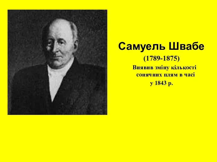 Самуель Швабе (1789-1875) Виявив зміну кількості сонячних плям в часі у 1843 р.