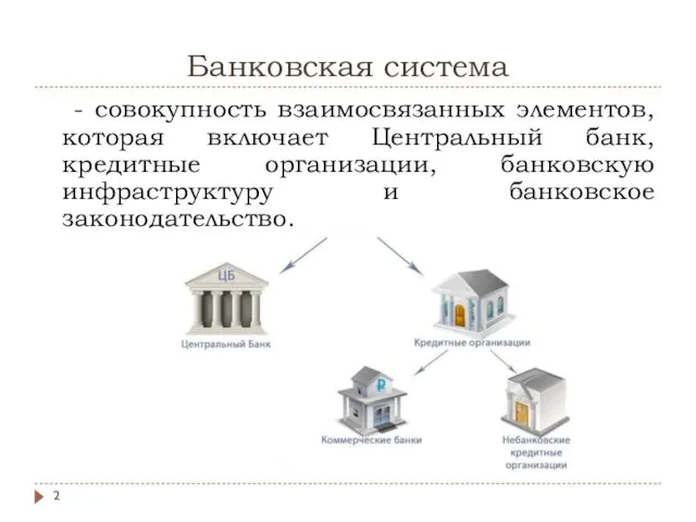 Банковская система - совокупность взаимосвязанных элементов, которая включает Центральный банк, кредитные организации, банковскую
