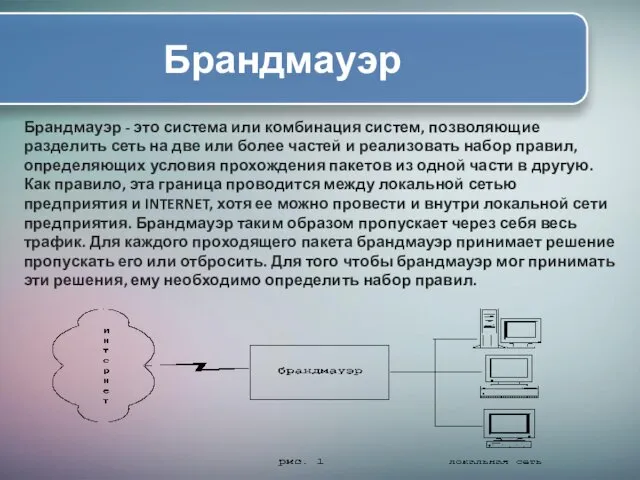 Брандмауэр Брандмауэр - это система или комбинация систем, позволяющие разделить