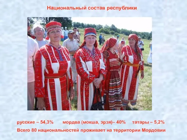 Национальный состав республики русские – 54,3% мордва (мокша, эрзя)– 40% татары – 5,2%