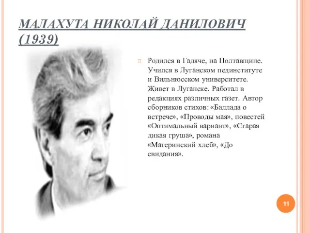 МАЛАХУТА НИКОЛАЙ ДАНИЛОВИЧ (1939) Родился в Гадяче, на Полтавщине. Учился