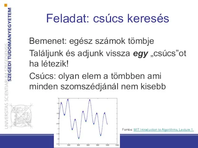 Feladat: csúcs keresés Bemenet: egész számok tömbje Találjunk és adjunk