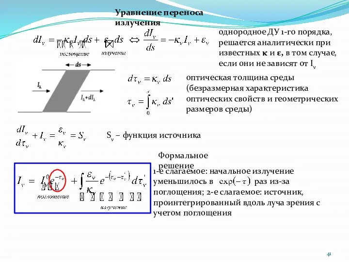 Уравнение переноса излучения однородное ДУ 1-го порядка, решается аналитически при