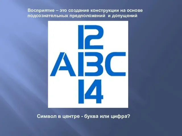 Восприятие – это создание конструкции на основе подсознательных предположений и допущений Символ в