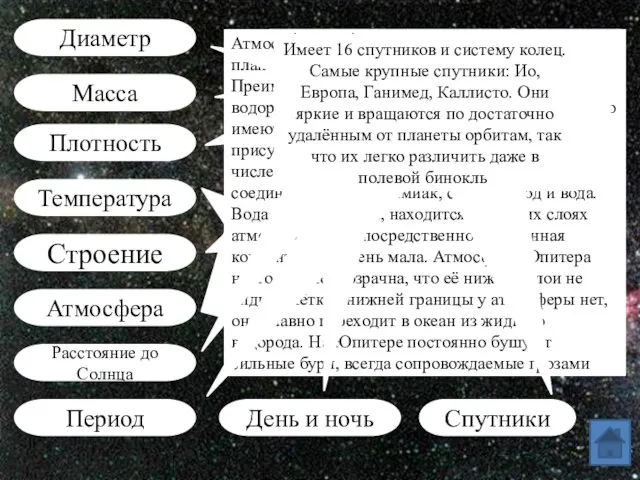 Диаметр Масса Температура Строение Атмосфера Расстояние до Солнца Период Плотность