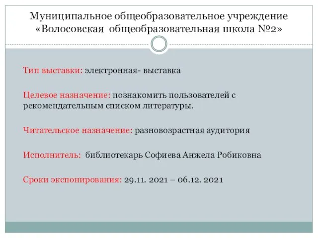 Муниципальное общеобразовательное учреждение «Волосовская общеобразовательная школа №2» Тип выставки: электронная-