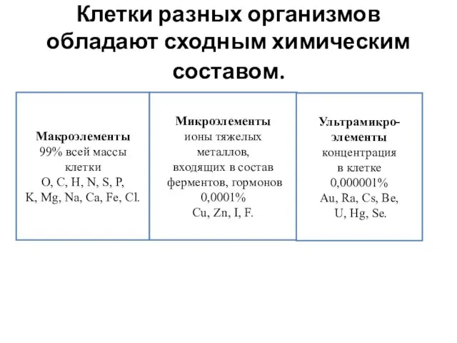 Клетки разных организмов обладают сходным химическим составом. Макроэлементы 99% всей