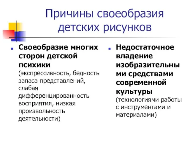 Причины своеобразия детских рисунков Своеобразие многих сторон детской психики (экспрессивность,