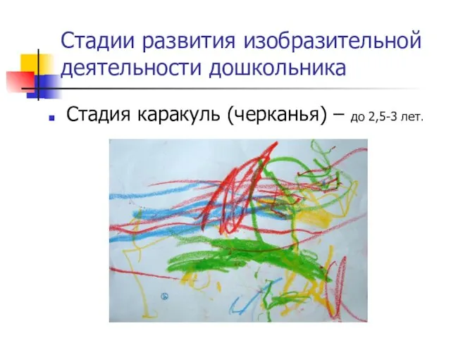 Стадии развития изобразительной деятельности дошкольника Стадия каракуль (черканья) – до 2,5-3 лет.