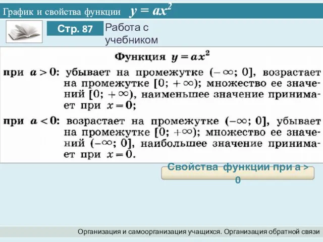 График и свойства функции y = ax2 Организация и самоорганизация учащихся. Организация обратной