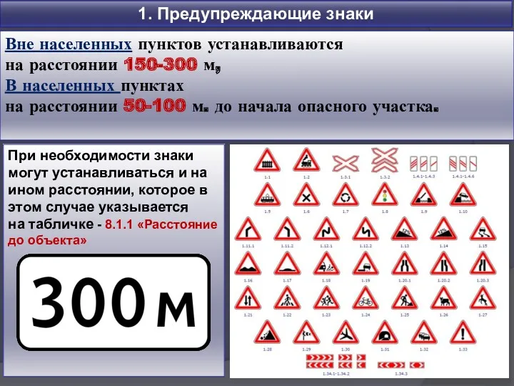 1. Предупреждающие знаки Вне населенных пунктов устанавливаются на расстоянии 150-300