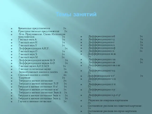 Темы занятий Временные представления 2ч Пространственные представления 2ч Речь. Предложение.