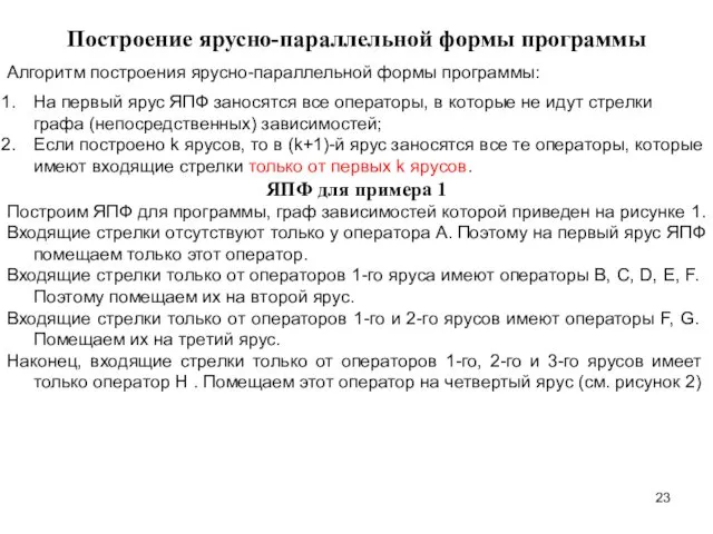 Построение ярусно-параллельной формы программы Алгоритм построения ярусно-параллельной формы программы: На