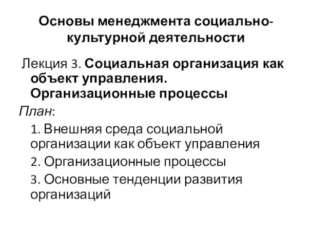 Основы менеджмента социально-культурной деятельности Лекция 3. Социальная организация как объект