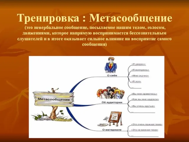 Тренировка : Метасообщение (это невербальное сообщение, посылаемое нашим телом, голосом, движениями, которое напрямую