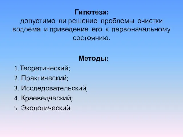 Гипотеза: допустимо ли решение проблемы очистки водоема и приведение его