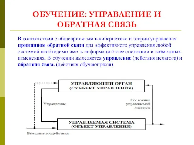 ОБУЧЕНИЕ: УПРАВЛЕНИЕ И ОБРАТНАЯ СВЯЗЬ В соответствии с общепринятым в кибернетике и теории