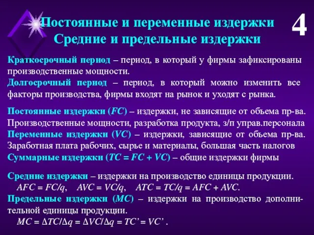 Постоянные и переменные издержки Средние и предельные издержки 4 Краткосрочный