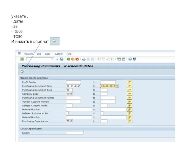 указать : - даты - ZS - RU03 - TO30 И нажать выполнить
