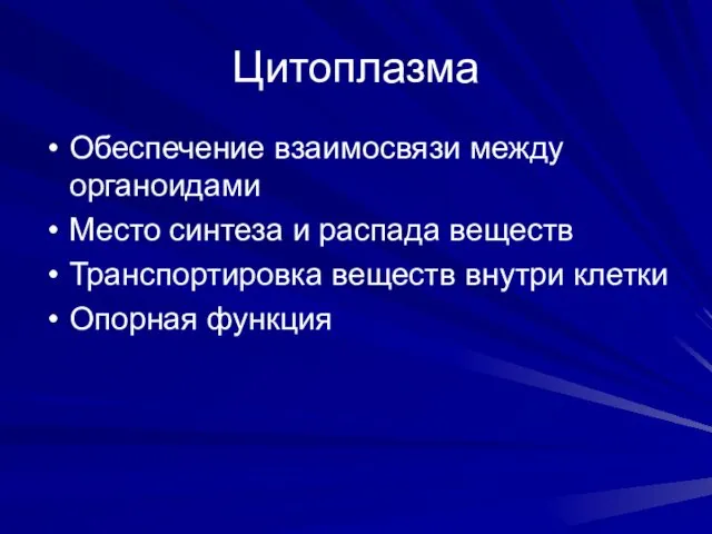 Цитоплазма Обеспечение взаимосвязи между органоидами Место синтеза и распада веществ Транспортировка веществ внутри клетки Опорная функция