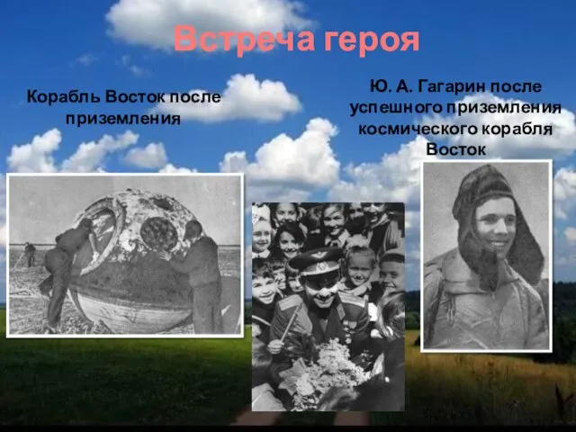 Встреча героя Корабль Восток после приземления Ю. А. Гагарин после успешного приземления космического корабля Восток