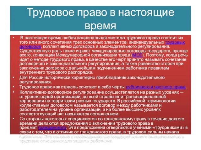 Трудовое право в настоящие время В настоящее время любая национальная