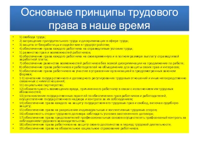 Основные принципы трудового права в наше время 1) свобода труда;