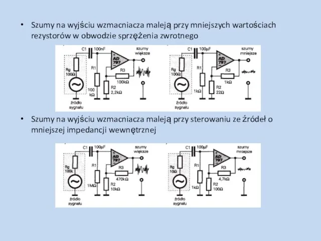 Szumy na wyjściu wzmacniacza maleją przy mniejszych wartościach rezystorów w