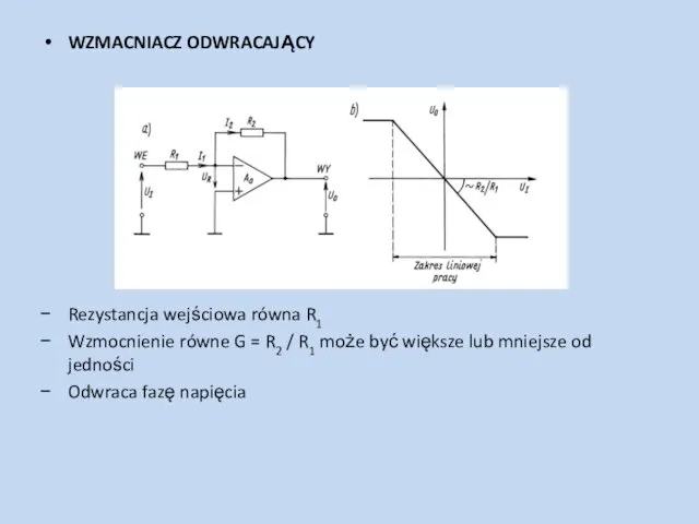 WZMACNIACZ ODWRACAJĄCY Rezystancja wejściowa równa R1 Wzmocnienie równe G =