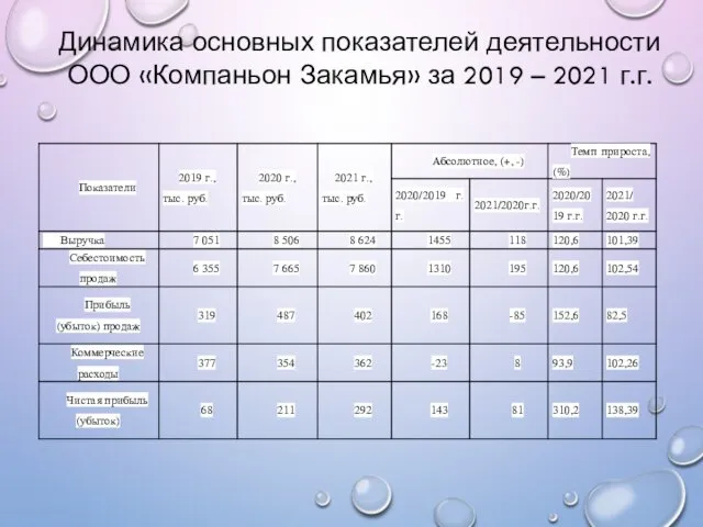 Динамика основных показателей деятельности ООО «Компаньон Закамья» за 2019 – 2021 г.г.