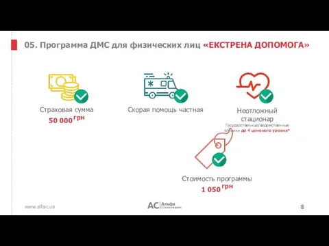 www.alfaic.ua 05. Программа ДМС для физических лиц «ЕКСТРЕНА ДОПОМОГА» Стоимость