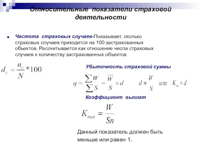 Относительные показатели страховой деятельности Частота страховых случаев-Показывает, сколько страховых случаев