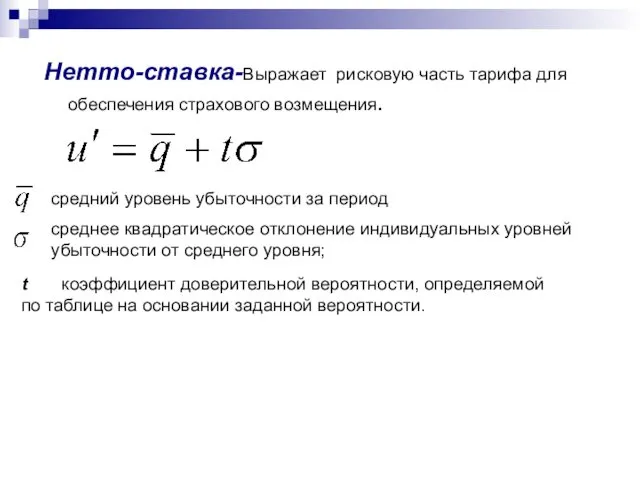 Нетто-ставка-Выражает рисковую часть тарифа для обеспечения страхового возмещения. средний уровень убыточности за период