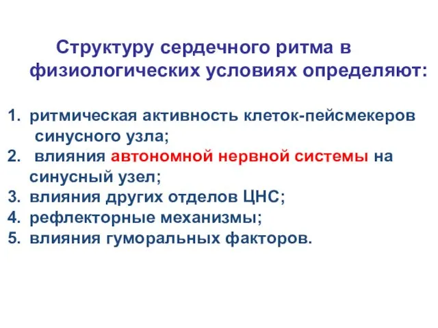 Структуру сердечного ритма в физиологических условиях определяют: ритмическая активность клеток-пейсмекеров синусного узла; влияния