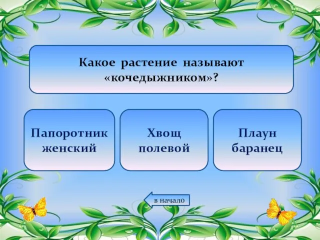 Какое растение называют «кочедыжником»? Папоротник женский Хвощ полевой Плаун баранец в начало