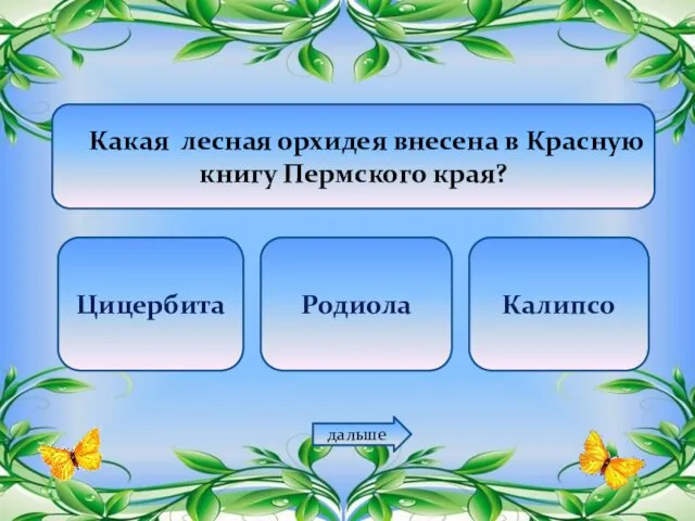 Какая лесная орхидея внесена в Красную книгу Пермского края? Цицербита Родиола Калипсо дальше