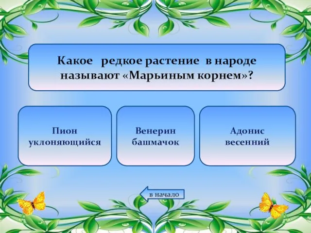 Какое редкое растение в народе называют «Марьиным корнем»? Пион уклоняющийся Венерин башмачок Адонис весенний в начало