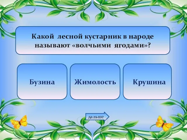 Какой лесной кустарник в народе называют «волчьими ягодами»? Бузина Жимолость Крушина дальше