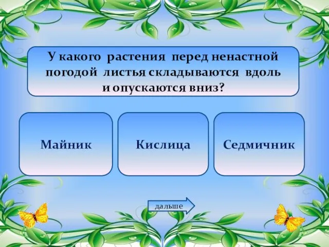 У какого растения перед ненастной погодой листья складываются вдоль и опускаются вниз? Майник Кислица Седмичник дальше